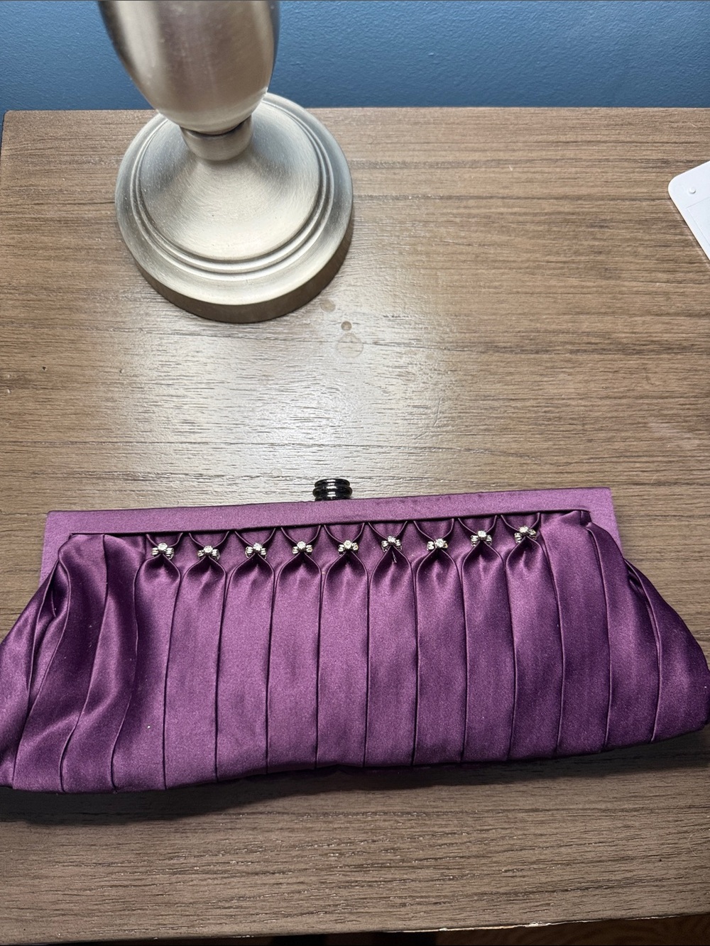 Satin Purple Pleated Evening Clutch with Crystal Accents